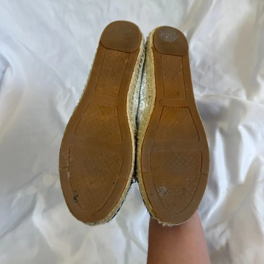 Tory Burch Espadrilles Silver Metallic Black Leather Cap Toe Flats Size 5.5